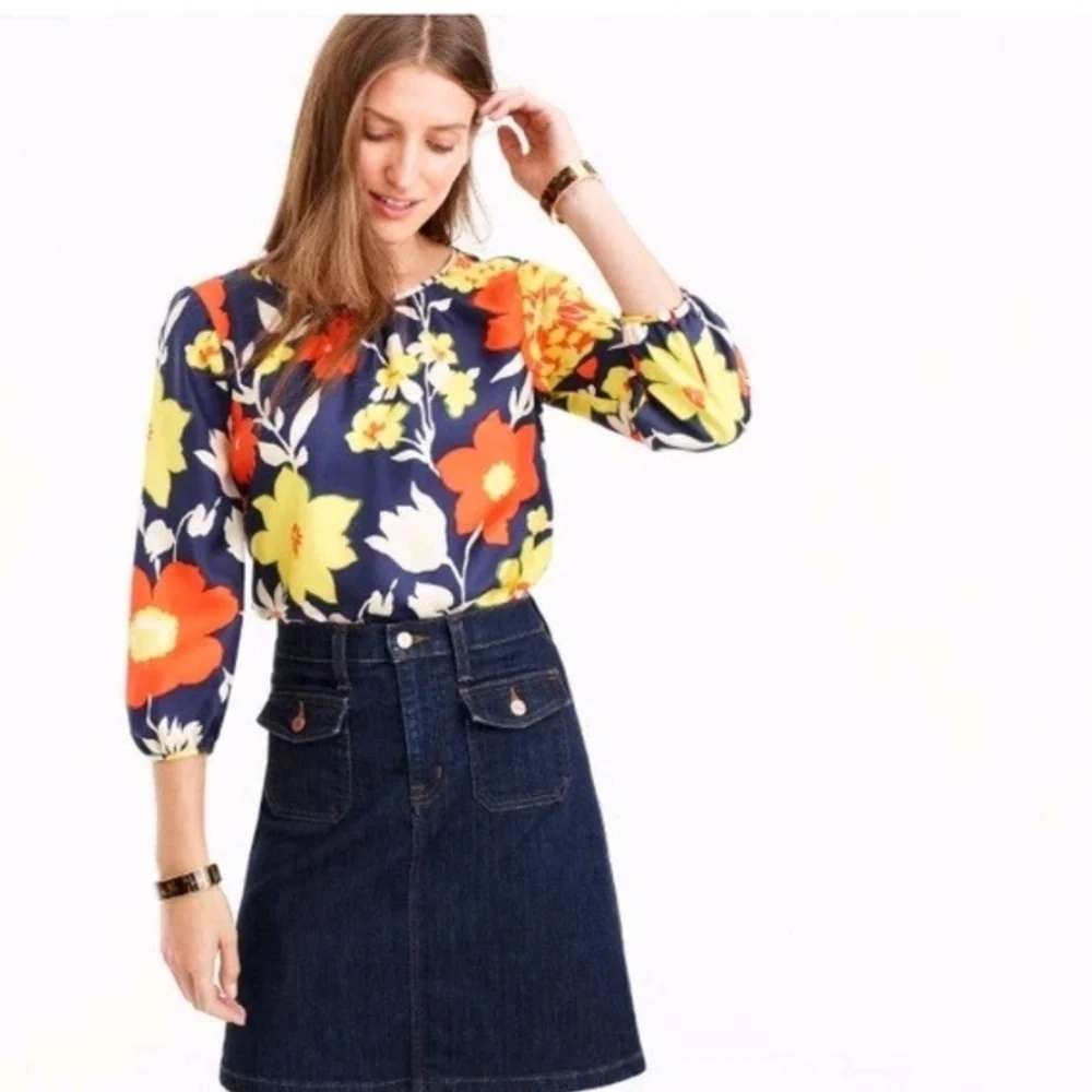 J.Crew 100% Silk Floral Blouse Size 0‎ Navy Orange Yellow 3/4 Sleeve Top